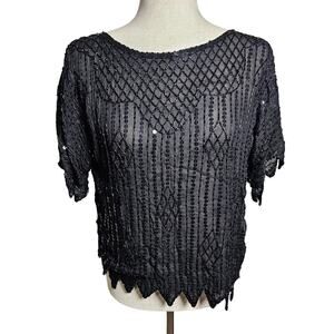 Caren Charles Vintage Black Silk Beaded‎ Scalloped Special Occasion Top Large